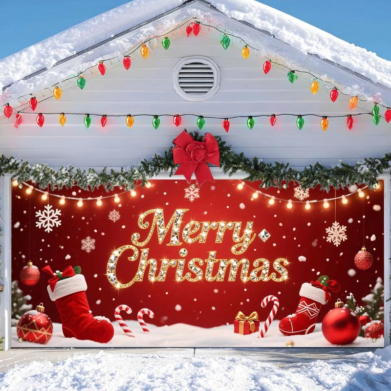 IVN Christmas Garage Door Cover Decoration 13x6ft Red Stockings Candy Canes Snowflakes Ornaments Merry Christmas Winter Garage Door Banner Home Door Front Yard Decor for Xmas Eve Holiday Outdoor - Image 5